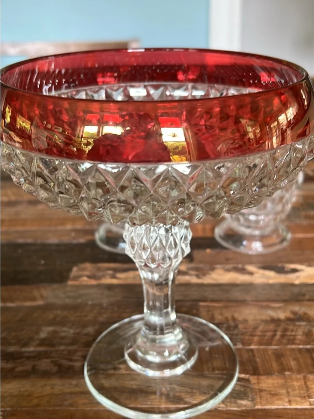 Cut Crystal Dessert Set with Ruby Red Rim - 6 Sherbets + Compote